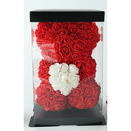 Ursulet din flori, Trandafiri de spuma, Rosu, 17x17x23 cm, Cutie 19x19x28 cm - vivimall.ro