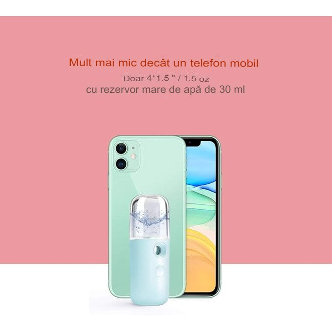 Spray de Hidratare Facială cu Tehnologie Nano, Vivimall, Hidratare, Igienizare, Abur Rece, Încărcare USB, Capacitate 30 mL, 10cm, Albastru - vivimall.ro