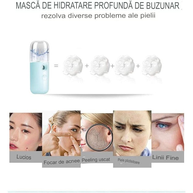 Spray de Hidratare Facială cu Tehnologie Nano, Vivimall, Hidratare, Igienizare, Abur Rece, Încărcare USB, Capacitate 30 mL, 10cm, Albastru - vivimall.ro