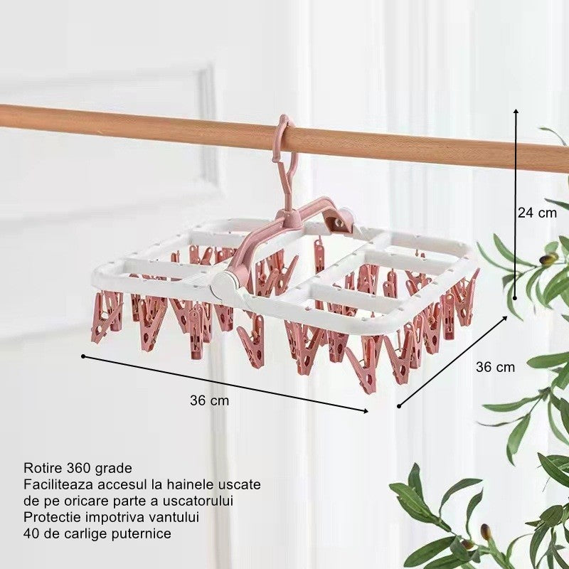 Uscator de Rufe Suspendat Vivimall, cu 40 Carlige, Rotire 360 Grade, Protectie Vant, Pliabil, Patrat, Mateiral Plastic, Usor de Depozitat, Multifunctional, 36 x 24 cm, Alb/Roz - vivimall.ro
