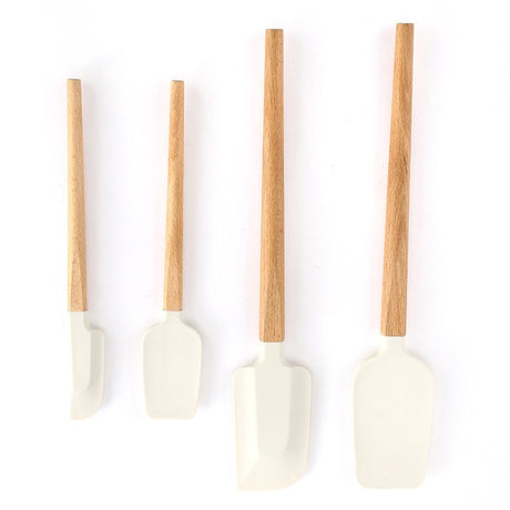 Ustensile de Bucatarie, Vivimall, Set din 4 bucati, din Silicon si Lemn, Spatule de Diferite Dimensiuni, Termo rezistente, Antiaderente, Instrument de Amestecat in Bucatarie, Alb-Maro - vivimall.ro