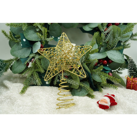 Varf decorativ de brad, Auriu, in forma de Stea, design cu paiete, din Plastic/Metal, 13 cm x 18 cm, diametru 4 cm, Interior/Exterior, Vivimall - vivimall.ro