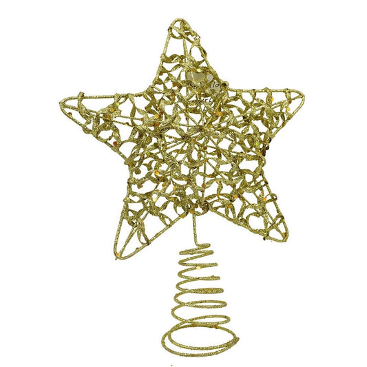 Varf decorativ de brad, Auriu, in forma de Stea, design cu paiete, din Plastic/Metal, 18 cm x 23 cm, Interior/Exterior, Vivimall - vivimall.ro