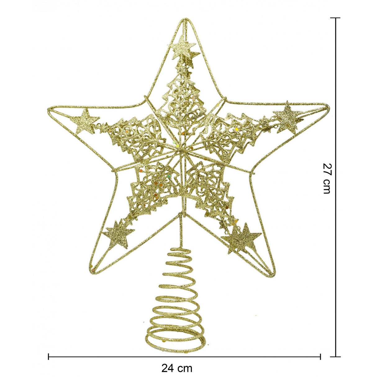 Varf decorativ de brad, Auriu, in forma de Stea, design de braduti, din Plastic/Metal, 24 cm x 27 cm, Interior/Exterior, Vivimall - vivimall.ro