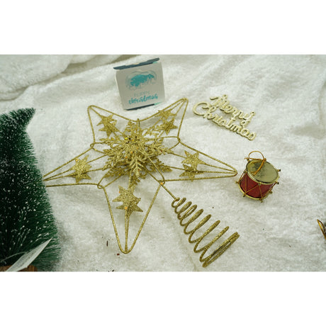 Varf decorativ de brad, Auriu, in forma de Stea, design de stele, din Plastic/Metal, 25 cm x 27 cm, Interior/Exterior, Vivimall - vivimall.ro