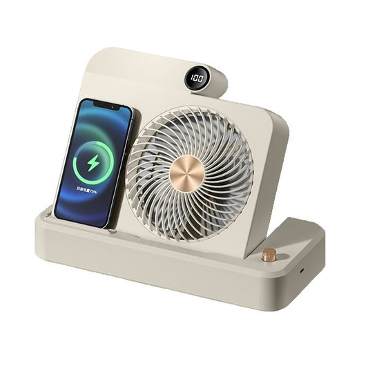 Ventilator 2in1, Vivimall, Functie Incarcare Telefon Wireless, 100 Trepte de Viteza, 2400 mAh, 5V, 2A, 25 x 16.5 x 24 cm, Bej - vivimall.ro