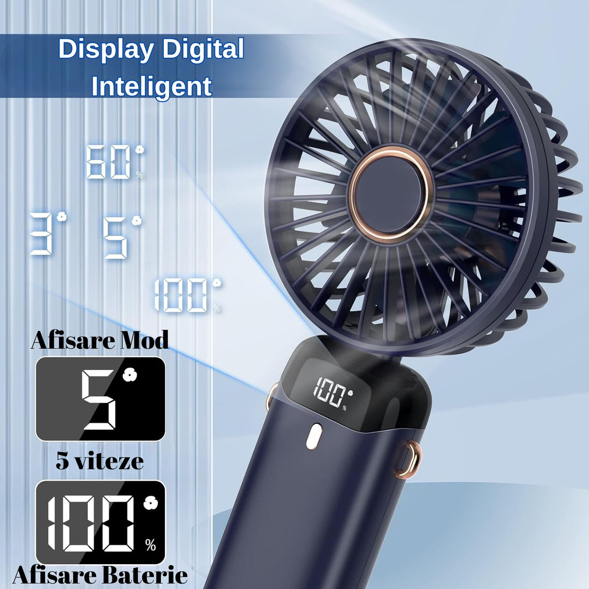 Ventilator Ultra Portabil Cu Aromaterapie, 3 In 1, De Mana, De Birou, De Gat, 5 Trepte De Viteza, Incarcare Usb, Autonomie 12H, Pliabil, Cu Ecran Lcd - vivimall.ro