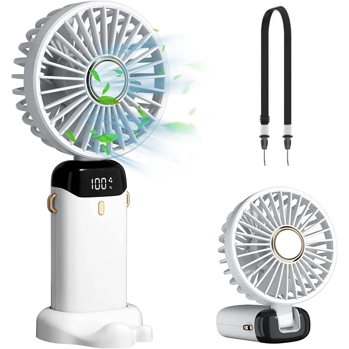 Ventilator Ultra Portabil cu Aromaterapie, Vivimall, 3 in 1, de Mana, de Birou, de Gat, 5 Trepte de Viteza, Incarcare USB, Autonomie 12h, Pliabil, cu Ecran LCD, Alb - vivimall.ro