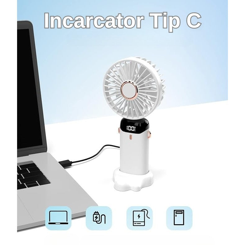 Ventilator Ultra Portabil Cu Aromaterapie, 3 In 1, De Mana, De Birou, De Gat, 5 Trepte De Viteza, Incarcare Usb, Autonomie 12H, Pliabil, Cu Ecran Lcd - vivimall.ro