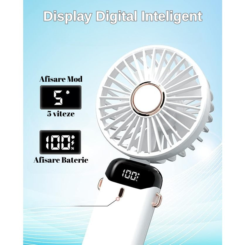 Ventilator Ultra Portabil Cu Aromaterapie, 3 In 1, De Mana, De Birou, De Gat, 5 Trepte De Viteza, Incarcare Usb, Autonomie 12H, Pliabil, Cu Ecran Lcd - vivimall.ro