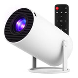 Videoproiector HY300 în funcțiune, proiecție HD 1280×720p pe perete alb, unghi lateral