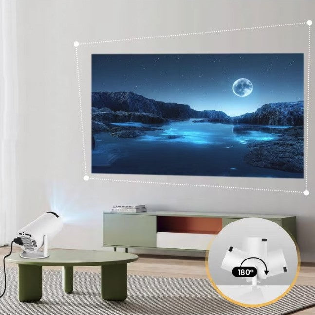 Telecomandă și videoproiector portabil HY300 cu Android 13, vedere de sus pe fundal negru