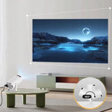 Telecomandă și videoproiector portabil HY300 cu Android 13, vedere de sus pe fundal negru