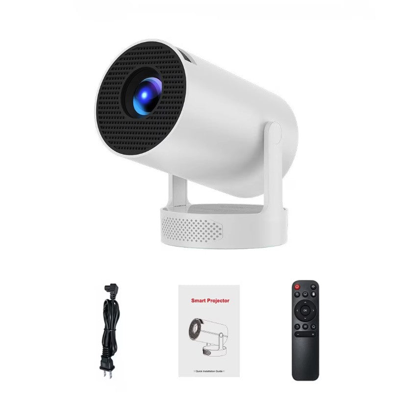 Videoproiector portabil HY300ULTRA alb, vedere spate, buton focalizare manuală și corecție trapez