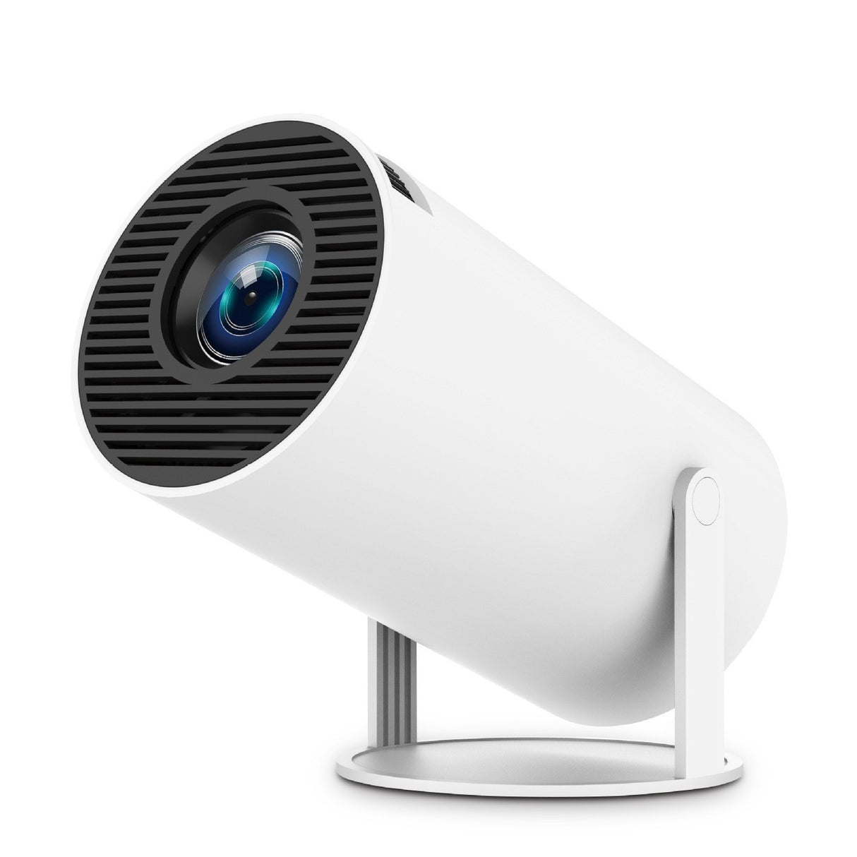 Videoproiector portabil HY300ULTRA alb, design cilindric compact, vedere frontală, rezoluție 4K 1920x1080