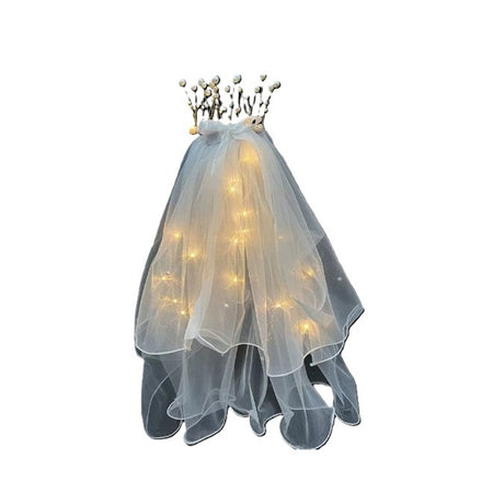 Voal Luminos cu Coronita, Vivimall, Lumina Alb Cald, pentru Serbari Copii, Petrecerea Burlacitelor, Marime universala, Lumina LED, Alb - vivimall.ro