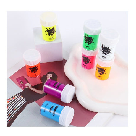 Tub vopsea albastră Vivimall 15 ml cu pigment fosforescent UV, detaliu etichetă și dimensiuni