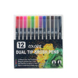 Set 12 carioci multicolor pe bază de apă, dublu vârf, corp negru din plastic, vedere frontală