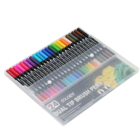 Set 24 Carioci, Vivimall, pe Baza de Apa, 2 Tipuri de Varf, 1-2 mm, 0.4 mm, Corp Carioca Negru, din Plastic, Multicolor - vivimall.ro