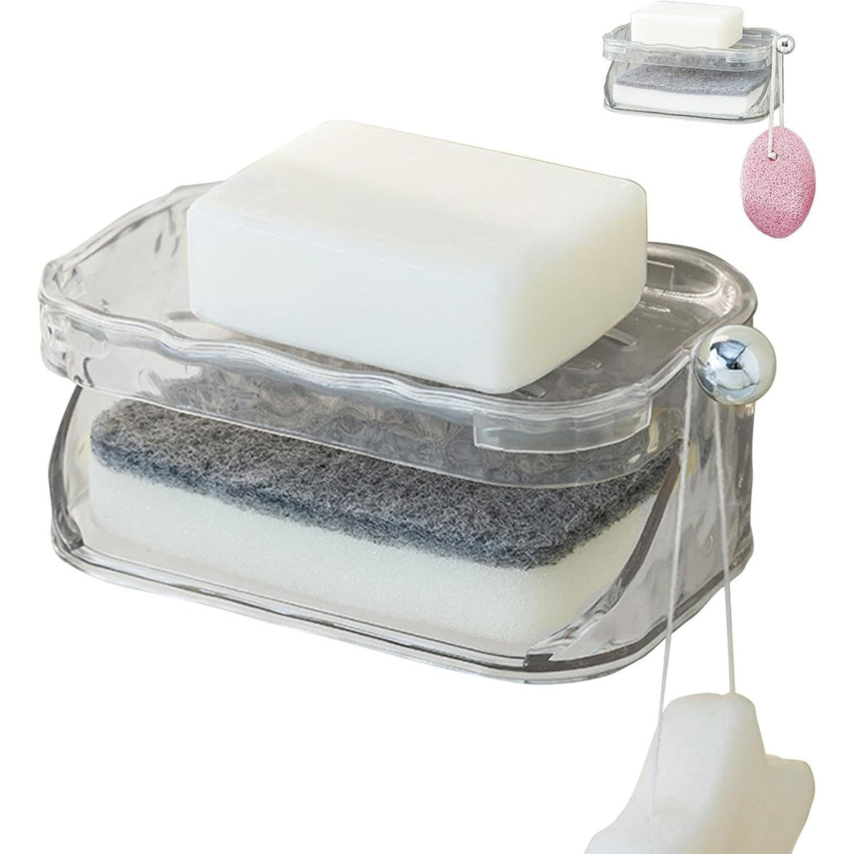 Savoniera Dubla, Flippy, 2 Straturi, Instalare fara Perforare, Agatatoare Burete, 13.5 x 8.5 x 6 cm, Transparent