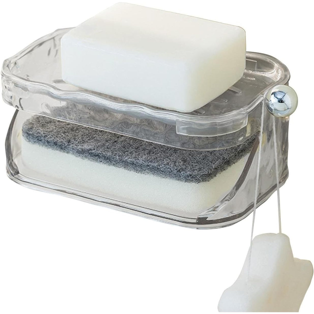 Savoniera Dubla, Flippy, 2 Straturi, Instalare fara Perforare, Agatatoare Burete, 13.5 x 8.5 x 6 cm, Transparent