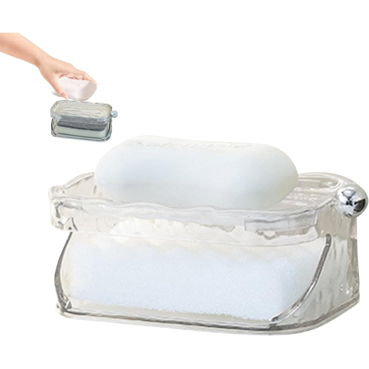 Savoniera Dubla, Flippy, 2 Straturi, Instalare fara Perforare, Agatatoare Burete, 13.5 x 8.5 x 6 cm, Transparent