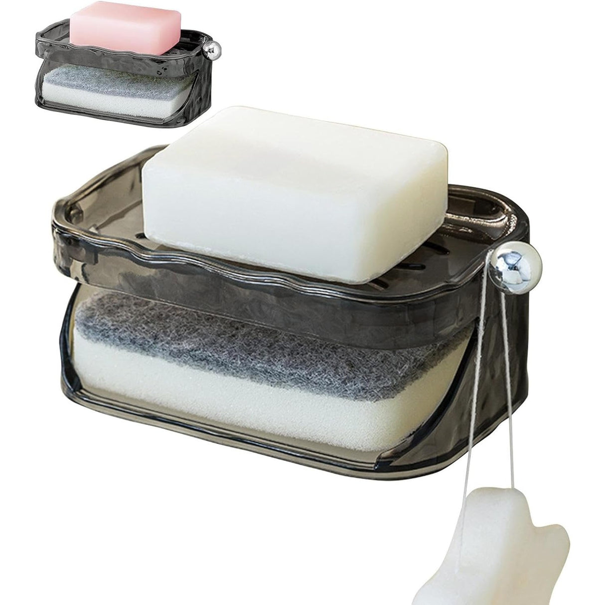 Savoniera Dubla, Flippy, 2 Straturi, Instalare fara Perforare, Agatatoare Burete, 13.5 x 8.5 x 6 cm, Gri