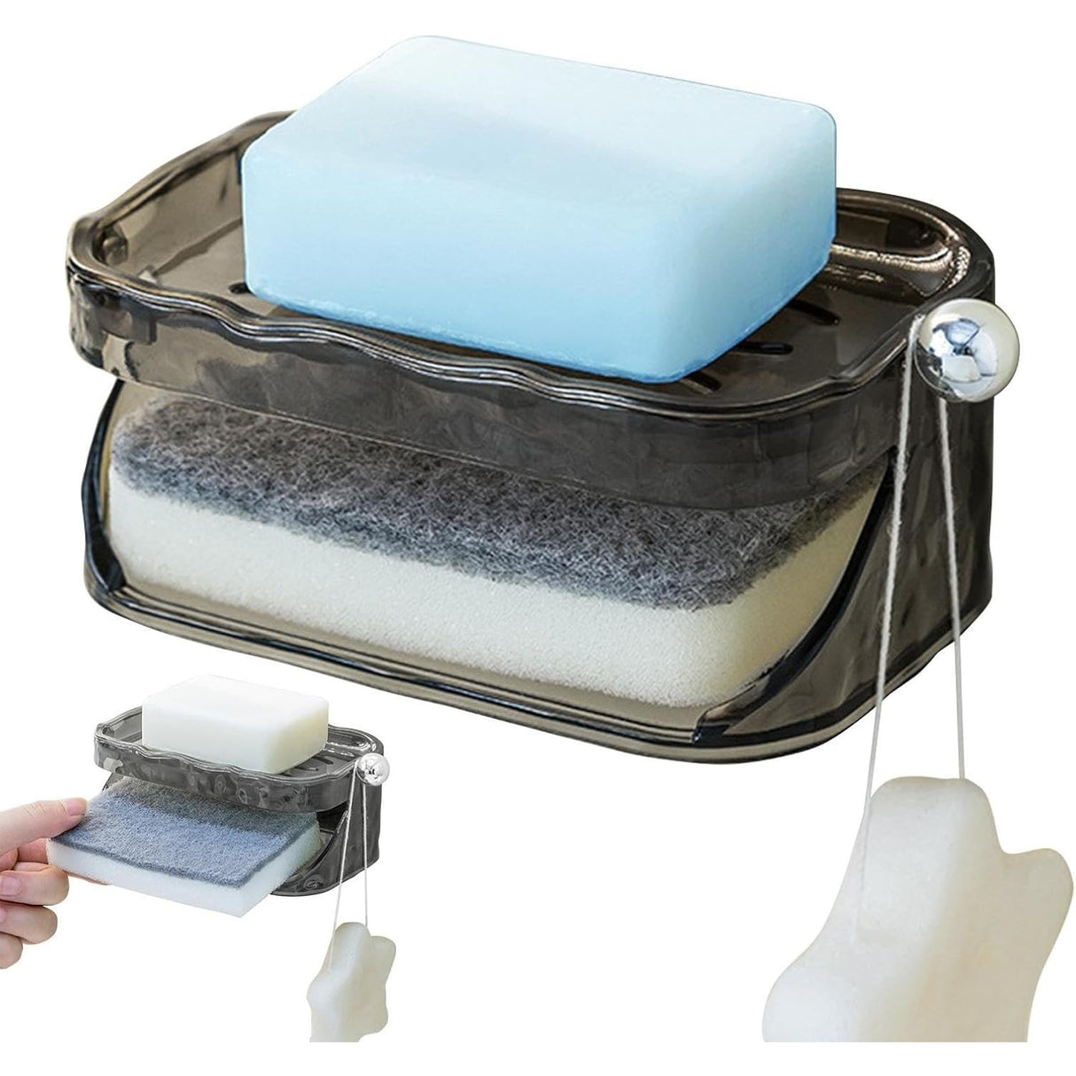 Savoniera Dubla, Flippy, 2 Straturi, Instalare fara Perforare, Agatatoare Burete, 13.5 x 8.5 x 6 cm, Gri