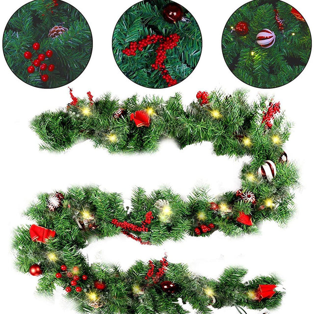 Ghirlandă brad artificial Vivimall cu 50 LED-uri și decorațiuni festive, 270 cm, culoare verde, vedere frontală