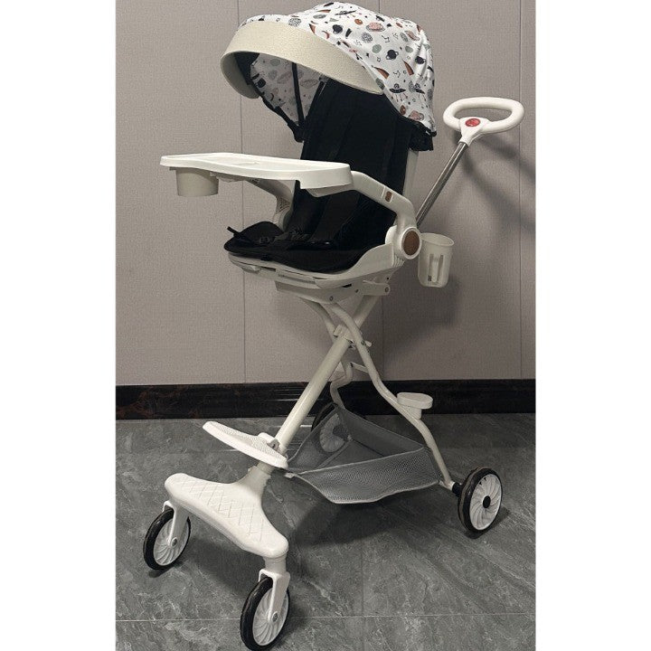 Carucior Sport Flippy 3in1, 6-36 Luni, Reversibil, Pliabil, Tavita pentru Masa, Pozitie de Somn, Centura de Siguranta, Roti 360, Suport Pahar, Copertina pentru Soare, 32x63x95cm, Bej Model Cosmos - vivimall.ro