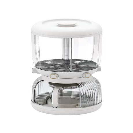 Dozator etajat de cereale Vivimall, rotativ 360, 6 compartimente, capacitate 10L, cofrag special pentru oua, vas pentru scurgerea cerealelor, 35x27.5 cm, alb - vivimall.ro