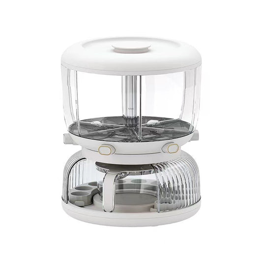 Dozator etajat de cereale Vivimall, rotativ 360, 6 compartimente, capacitate 10L, cofrag special pentru oua, vas pentru scurgerea cerealelor, 35x27.5 cm, alb - vivimall.ro