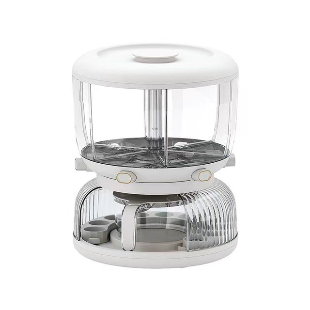 Dozator etajat de cereale Vivimall, rotativ 360, 6 compartimente, capacitate 10L, cofrag special pentru oua, vas pentru scurgerea cerealelor, 35x27.5 cm, alb - vivimall.ro