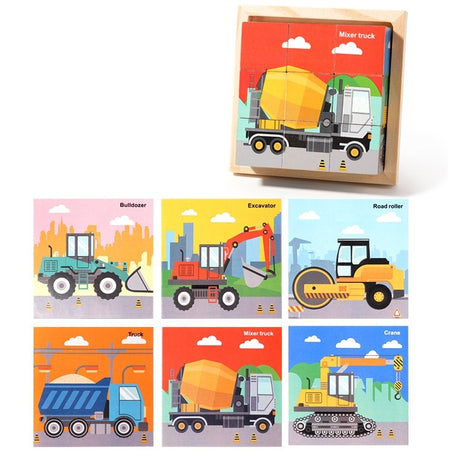 Puzzle din Lemn, Vivimall, 9 Cuburi, 6 Fete, 4-6 Ani, 11 x 11 x 3.2 cm, Model Utilaje, Multicolor - vivimall.ro