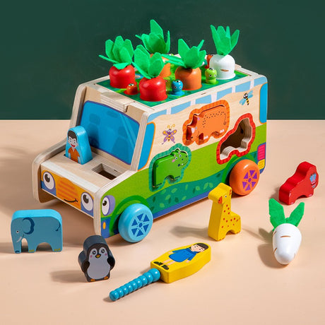 Jucarie Educativa Montessori, Flippy, Model Masinuta Educativa din Lemn 6 in 1, Sortator Forme, 1–3 ani, 23.7 x 17.5 x 12 cm, Multicolor - vivimall.ro
