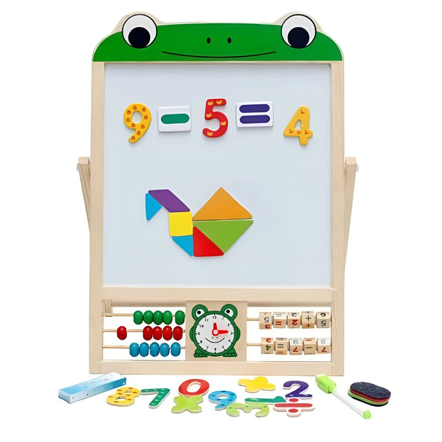 Tablă magnetică educativă Flippy 2 în 1 din lemn natural, vedere frontală, culoare verde, 3 ani+