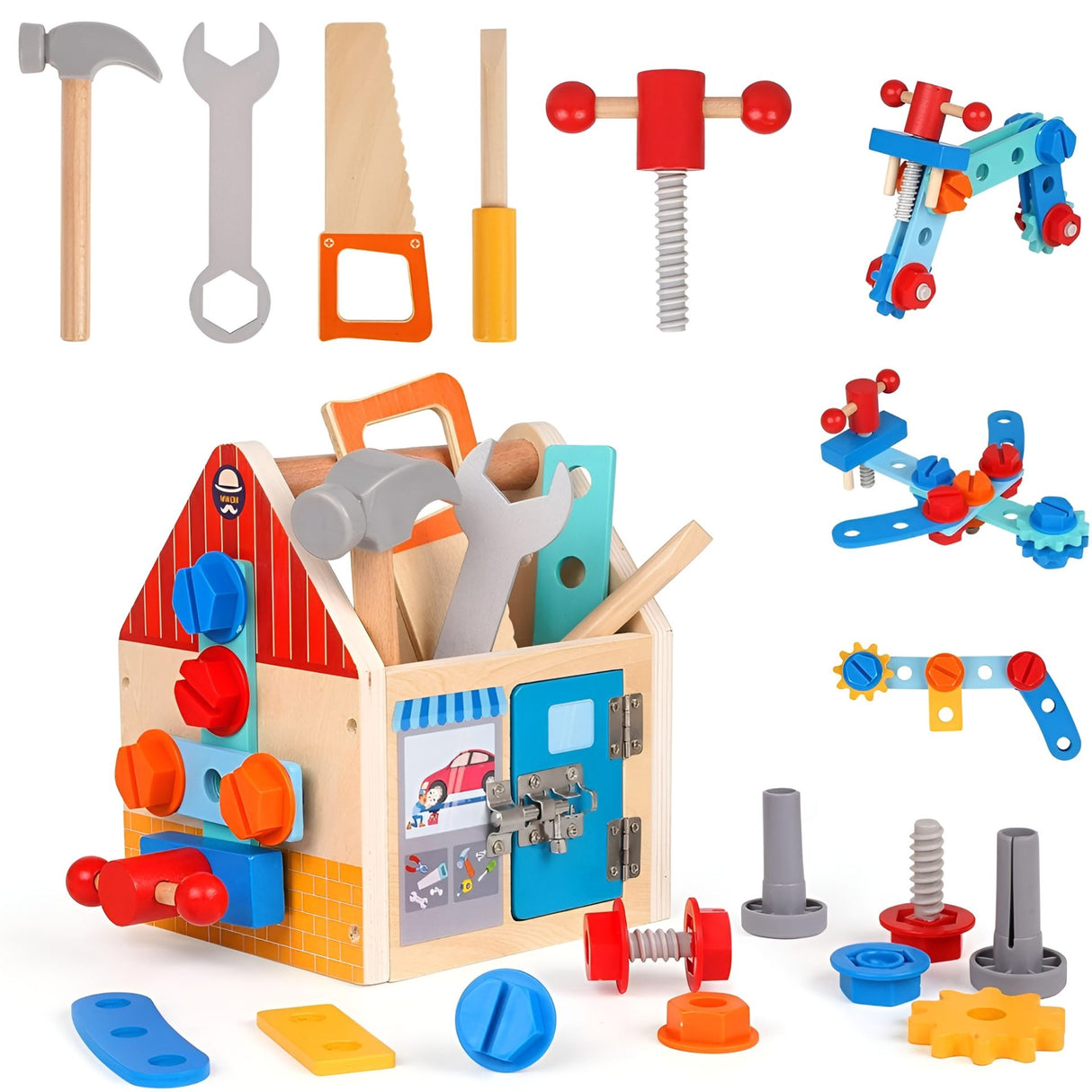 Jucărie educativă Montessori Flippy set unelte din lemn 2 în 1, vedere frontală, atelier căsuță multicolor