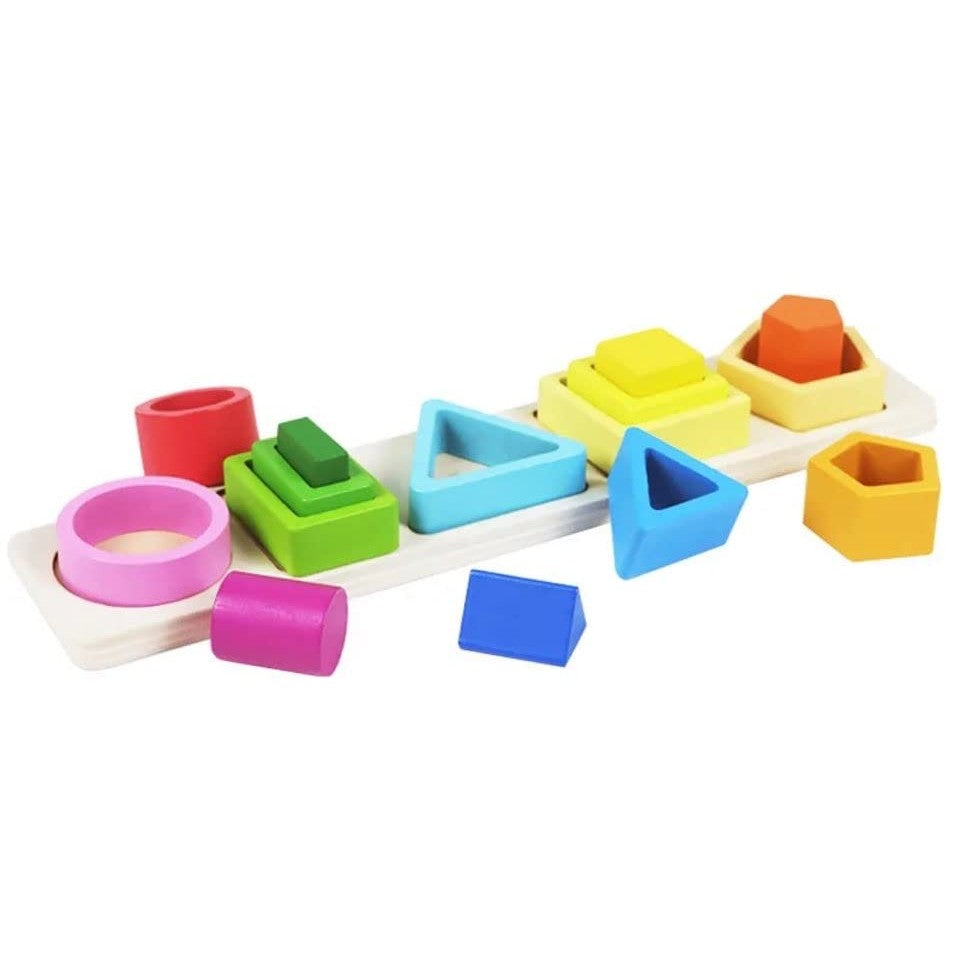 Jucarie Montessori din Lemn, Vivimall, Tip Puzzle, cu 5 Forme Asimetrice, 15 Piese, Educativa, Interactiva, Creativa, Model Forme Geometrice, Materiale Non Toxice, +2 Ani, 29x6.5 cm, Multicolor - vivimall.ro
