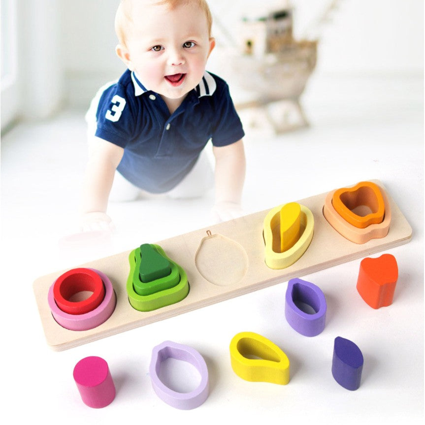 Jucarie Montessori din Lemn, Vivimall, Tip Puzzle, cu 5 Forme Asimetrice, 15 Piese, Model Fructe, Educativa, Interactiva, Creativa, Materiale Non Toxice, +2 Ani, 29x6.5 cm, Multicolor - vivimall.ro