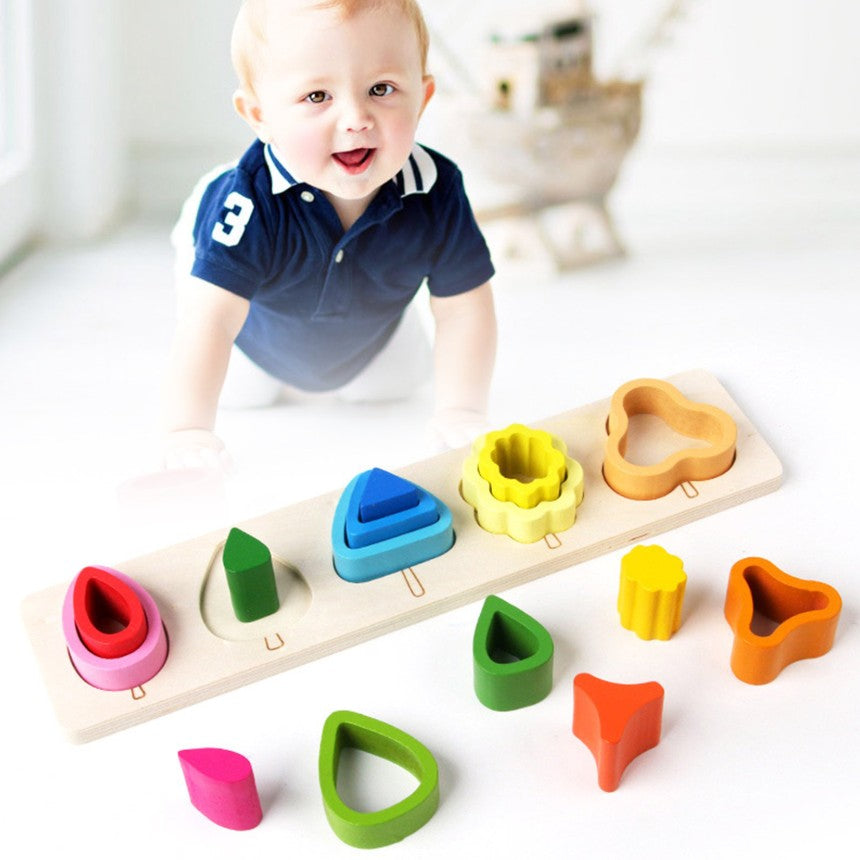 Jucarie Montessori Din Lemn, Tip Puzzle, Cu 5 Forme Asimetrice, 15 Piese, Educativa, Interactiva, Creativa, Model Copaci, Materiale Non Toxice, +2 Ani, 29X6.5 Cm, Multicolor - vivimall.ro