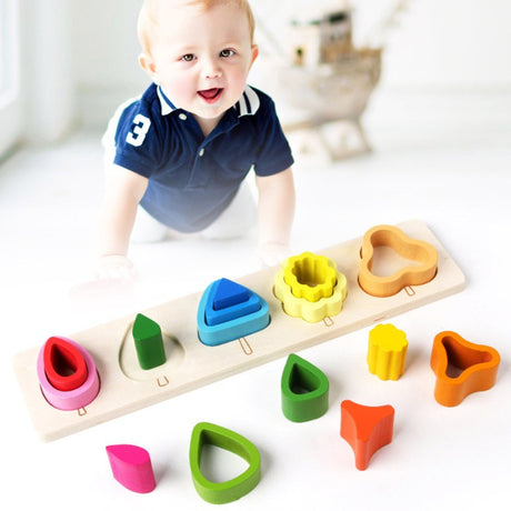 Jucarie Montessori Din Lemn, Tip Puzzle, Cu 5 Forme Asimetrice, 15 Piese, Educativa, Interactiva, Creativa, Model Copaci, Materiale Non Toxice, +2 Ani, 29X6.5 Cm, Multicolor - vivimall.ro
