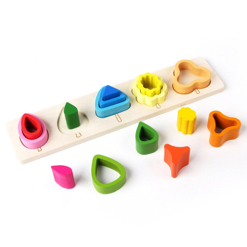 Jucarie Montessori din Lemn, Vivimall, Tip Puzzle, cu 5 Forme Asimetrice, 15 Piese, Educativa, Interactiva, Creativa, Model Copaci, Materiale Non Toxice, +2 Ani, 29x6.5 cm, Multicolor - vivimall.ro