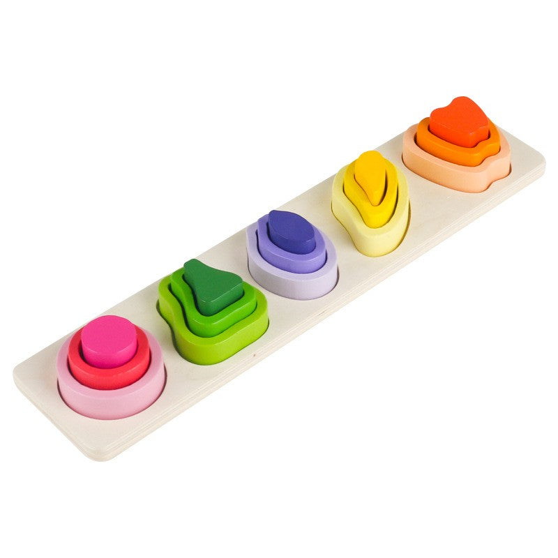Jucarie Montessori din Lemn, Vivimall, Tip Puzzle, cu 5 Forme Asimetrice, 15 Piese, Model Fructe, Educativa, Interactiva, Creativa, Materiale Non Toxice, +2 Ani, 29x6.5 cm, Multicolor - vivimall.ro