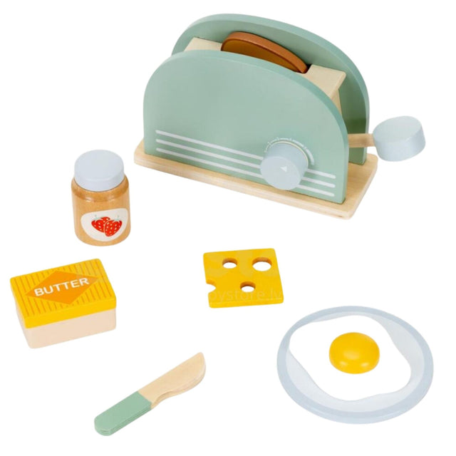 Jucărie din lemn Flippy Toaster Montessori, set complet cu accesorii micul dejun, vedere frontală