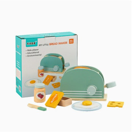 Detaliu accesorii jucărie Flippy Toaster din lemn — pâine, unt și gem pentru joc de rol