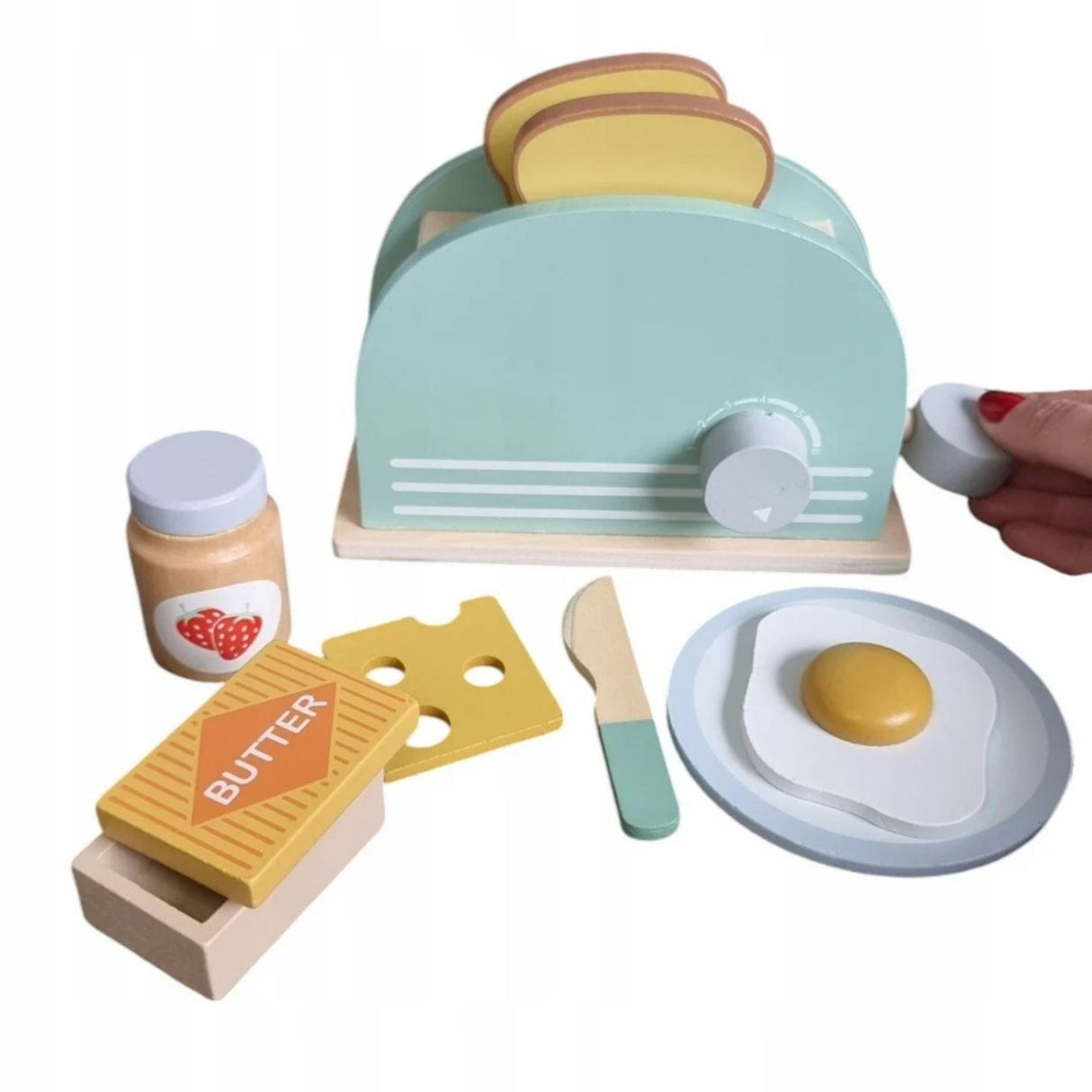 Set joacă bucătărie Flippy Toaster din lemn Montessori, vedere laterală cu toate componentele