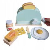 Set joacă bucătărie Flippy Toaster din lemn Montessori, vedere laterală cu toate componentele
