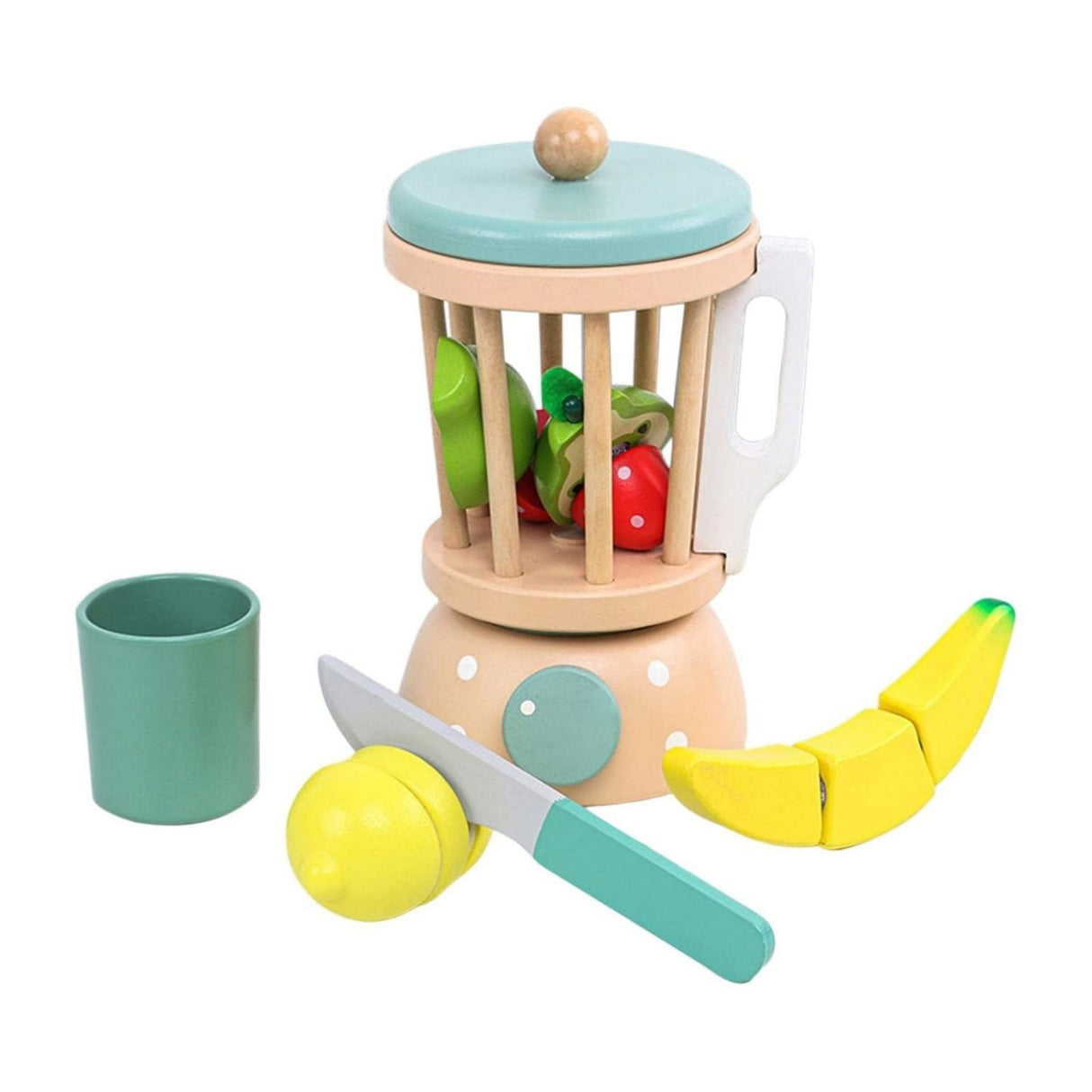 Jucărie din lemn Montessori Flippy, set storcător de fructe cu blender și accesorii, vedere frontală completă