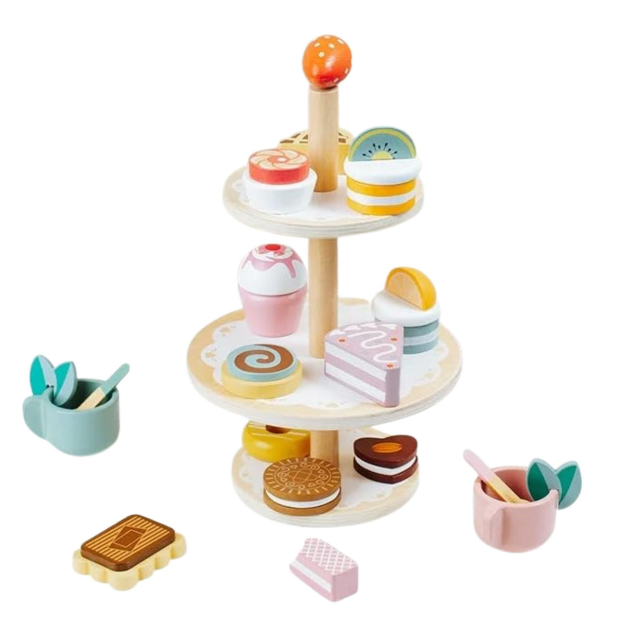 Jucărie din lemn Montessori Flippy, etajeră cu 3 niveluri pentru deserturi, vedere frontală completă, multicolor