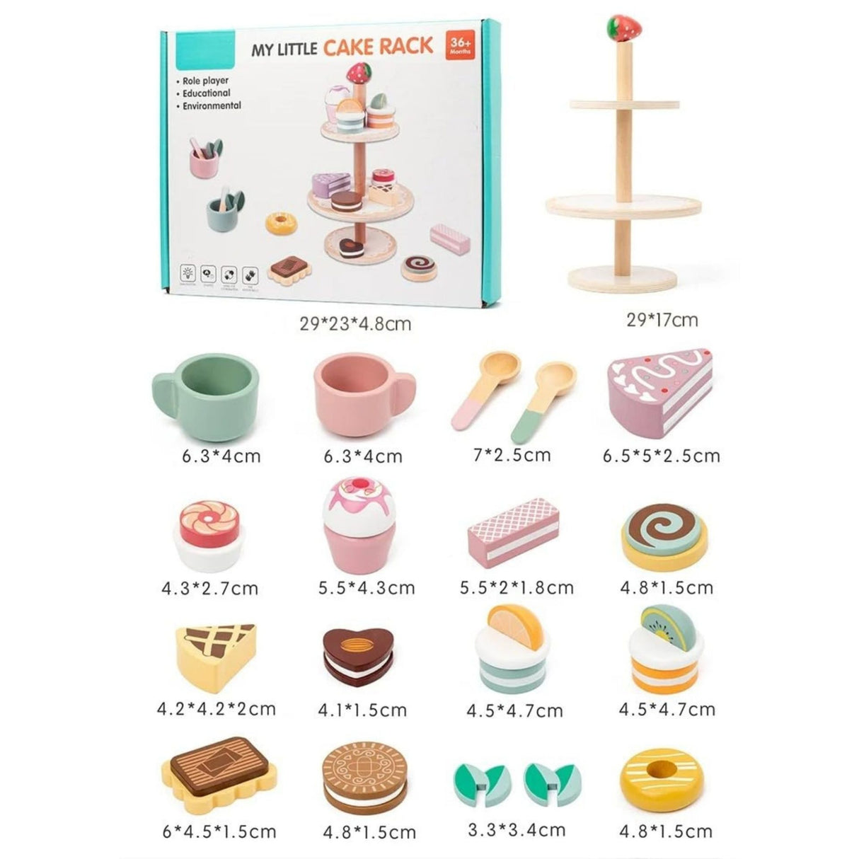 Detaliu accesorii jucărie Flippy: biscuiți, rulade și brioșe din lemn cu texturi și culori realiste